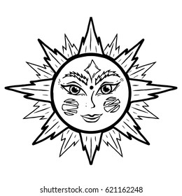 Illustration with beautiful hand drawn sun symbol. Invitation element. Tattoo design. Drawing for coloring book. Heraldry and logo concept art.