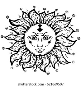 Illustration with beautiful hand drawn sun symbol. Invitation element. Tattoo design. Drawing for coloring book. Heraldry and logo concept art.