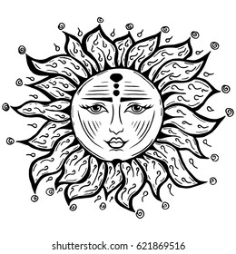 Illustration with beautiful hand drawn sun symbol. Invitation element. Tattoo design. Drawing for coloring book. Heraldry and logo concept art.