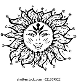 Illustration with beautiful hand drawn sun symbol. Invitation element. Tattoo design. Drawing for coloring book. Heraldry and logo concept art.