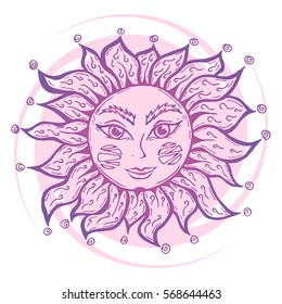 Illustration with beautiful hand drawn violet sun symbol on violet spiral background. Invitation element. Tattoo design.