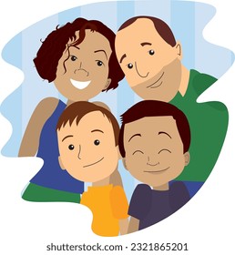 An illustration of a beautiful happy family consisting of the father, the mother and two little children.