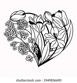 Illustration of beautiful heart of flowers and leaves. Symbol love. Botanical heart design for Valentines Day.  Floral lovely wreath for wedding card. Tattoo. Spring flowers.