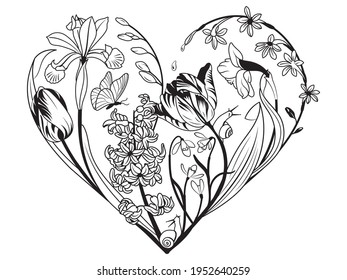 Illustration of beautiful heart of flowers and leaves. Symbol love. Botanical heart design for Valentines Day.  Floral lovely wreath for wedding card. Tattoo. Spring flowers.