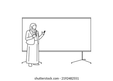 Illustration of beautiful hijab female worker in a formal outfit holding a microphone talking and giving a lecture standing beside whiteboard. One line art
