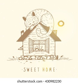 Illustration of a beautiful house with a cat sleeping on a rooftop. Hand drawn sketch. Stylish vector illustration