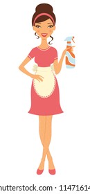 An illustration of a beautiful housewife holding cleaning spray