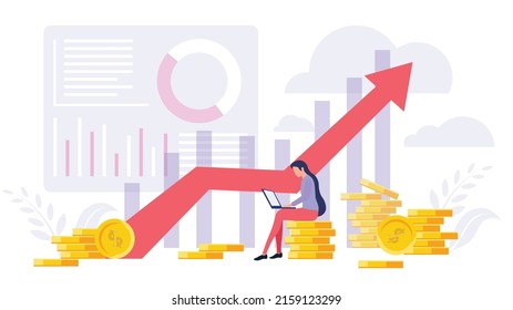 Illustration beautiful investment chart with money on white background. Vector concept development strategy, sales analysis, growth statistics, employee making financial plans on laptop in cartoon sty