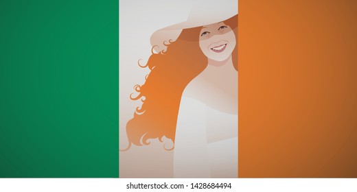 Illustration of beautiful Irish woman integrated in the flag of Ireland