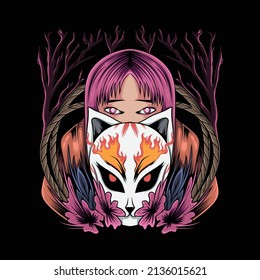 Illustration of beautiful Japanese geisha woman in kitsune mask and cherry blossoms for t-shirt design and print