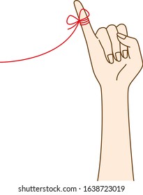 Illustration of a beautiful Japanese woman attaching a red thread to her little finger, drawn in vector