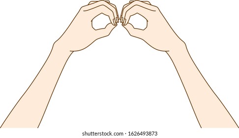 Illustration of a beautiful Japanese woman gesturing with binoculars by hand, drawn in vector