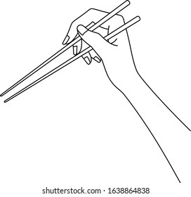 Illustration of a beautiful Japanese woman holding chopsticks by hand, drawn in vector