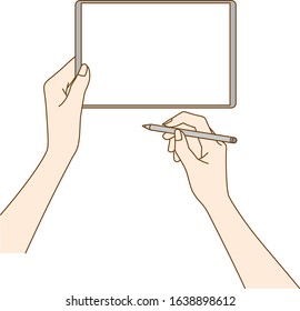 Illustration with a beautiful Japanese woman holding a tablet and stylus pen by hand, drawn in vector