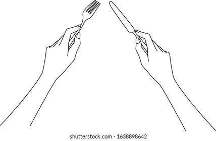 Illustration with a beautiful Japanese woman holding a fork and knife in hands, drawn in vector