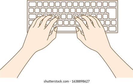 Illustration of a beautiful Japanese woman operating a personal computer keyboard by hand, drawn in vector