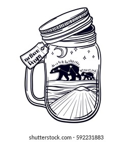 Illustration with a beautiful jar and northern bear, moon and stars, Mount. Vector illustration. Perfect for tattoo illustration, coloring book, print for t-shirts or bags.