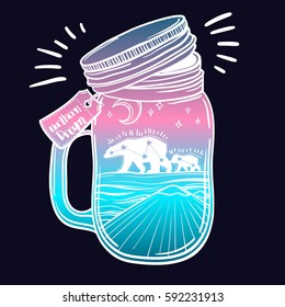 Illustration with a beautiful jar and northern bear, moon and stars, Mount. Vector illustration. Perfect for tattoo illustration, coloring book, print for t-shirts or bags.