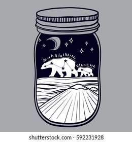 Illustration with a beautiful jar and northern bear, moon and stars, Mount. Vector illustration. Perfect for tattoo illustration, coloring book, print for t-shirts or bags.