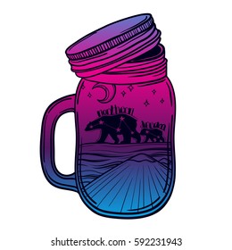 Illustration with a beautiful jar and northern bear, moon and stars, Mount. Vector illustration. Perfect for tattoo illustration, coloring book, print for t-shirts or bags.