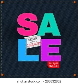 The illustration of  beautiful jeans sale patchwork element on a textured background. Totally vector image. Additional seamless denim pattern included. Useful for a clothing store promo advertising.