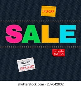 The illustration of  beautiful jeans sale patchwork element on a textured background. Totally vector image. Additional seamless denim pattern included. Useful for a clothing store promo advertising.