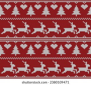 Illustration of beautiful knitted christmas and new year design in red color pattern.