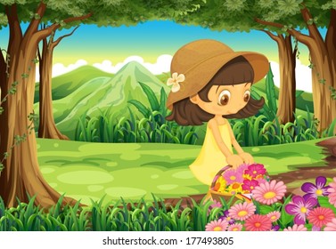 Illustration of a beautiful lady picking up the flowers in the forest
