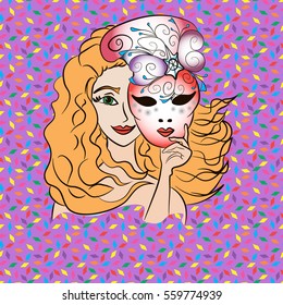Illustration with beautiful lady that holding Venetian mask on colorful background. Card for Mardi Gras and carnival party.
