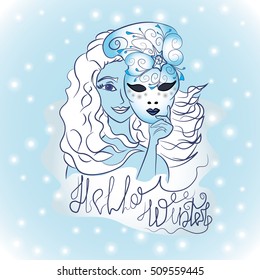 illustration with beautiful lady winter with cold mask in hand on blue background, fluffy snowflakes, lettering "Hello Winter"