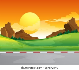 Illustration of a beautiful landscape and the bright sun in the sky