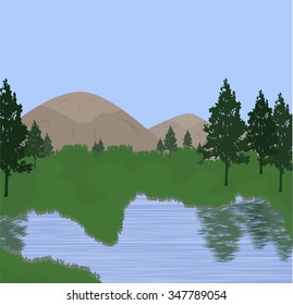 the illustration of a beautiful landscape near the lake.