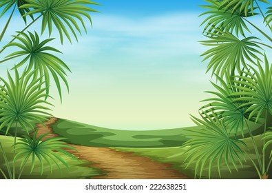 Illustration of a beautiful landscape with palm plants