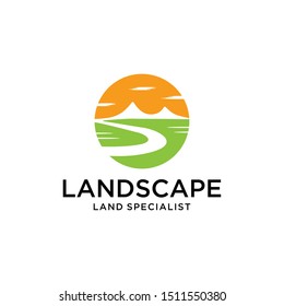 Illustration of beautiful landscape scenery with mountains and rivers inside logo design graphic.