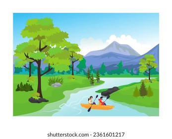 Ilustración hermoso paisaje con río de primavera y fondo de pareja.