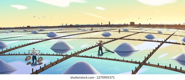 Illustration of beautiful landscape view of Jing Zai Jiao Tile Paved salt fields in Tainan, Taiwan. Salt Farmers harvest sea salt from shallow ponds on sunny day.