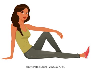 illustration of a beautiful Latina or Indian girl sitting and relaxing, wearing tank top and jeans. Cartoon character of a young attractive woman with dark braided hair, isolated on white.