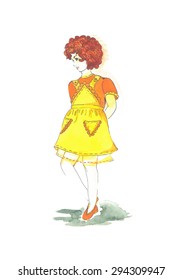 Illustration of a beautiful little girl in an orange sun dress