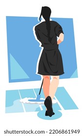 illustration of a beautiful maid cleaning the floor. mopping the floor. back view. concept of activity, work, cleaning. flat vector