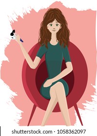 Illustration of beautiful make up artist with brushes in hands on red chair Attractive girl with professional make up brushes in own studio, ready to meet client on the pink splashes background.