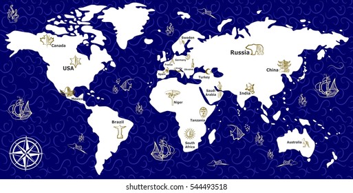 illustration with a beautiful map of all the continents and oceans.