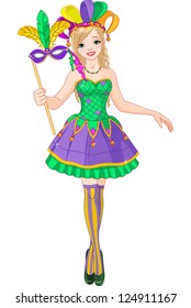 Illustration of beautiful Mardi Gras girl holding mask