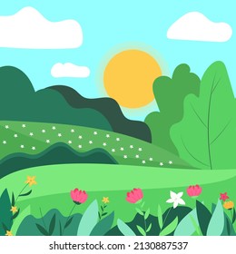Illustration of a beautiful meadow with flowers at sunrise or sunset