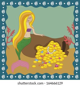 Illustration of a beautiful mermaid girl sitting on the jug with jewels on sea background