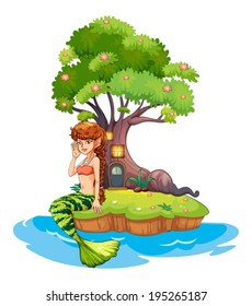 Illustration of a beautiful mermaid near the treehouse on a white background