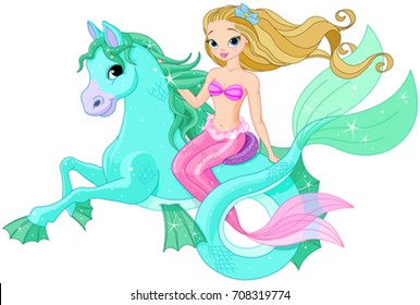 Illustration of beautiful mermaid riding sea horse 