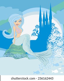 Illustration of a Beautiful mermaid,castle and fish 