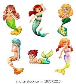 Illustration of the beautiful mermaids on a white background