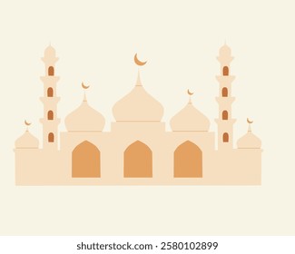 Illustration of a beautiful mosque with a majestic dome and minarets. This symbolizes Islamic architecture, cultural heritage, and a sacred place for prayer and worship