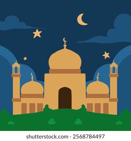 Illustration of a beautiful mosque scenery at night featuring a crescent moon, stars, and decorative architecture illuminated in warm tones, symbolizing peace and culture during a serene nightlife